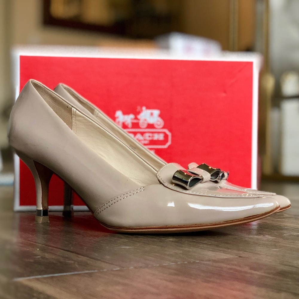 COACH patent leather heels with metal bow